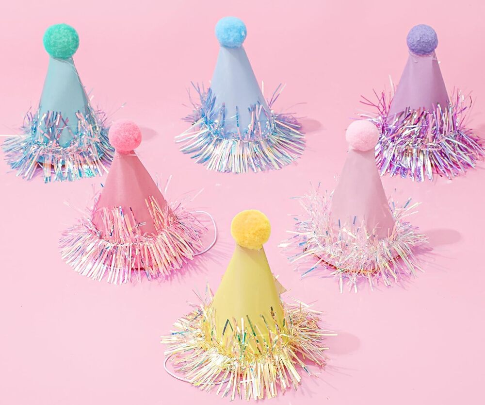 4506 24 Pcs Iridescent Foil Mini Birthday Party Hats with Pom Poms Rainbow